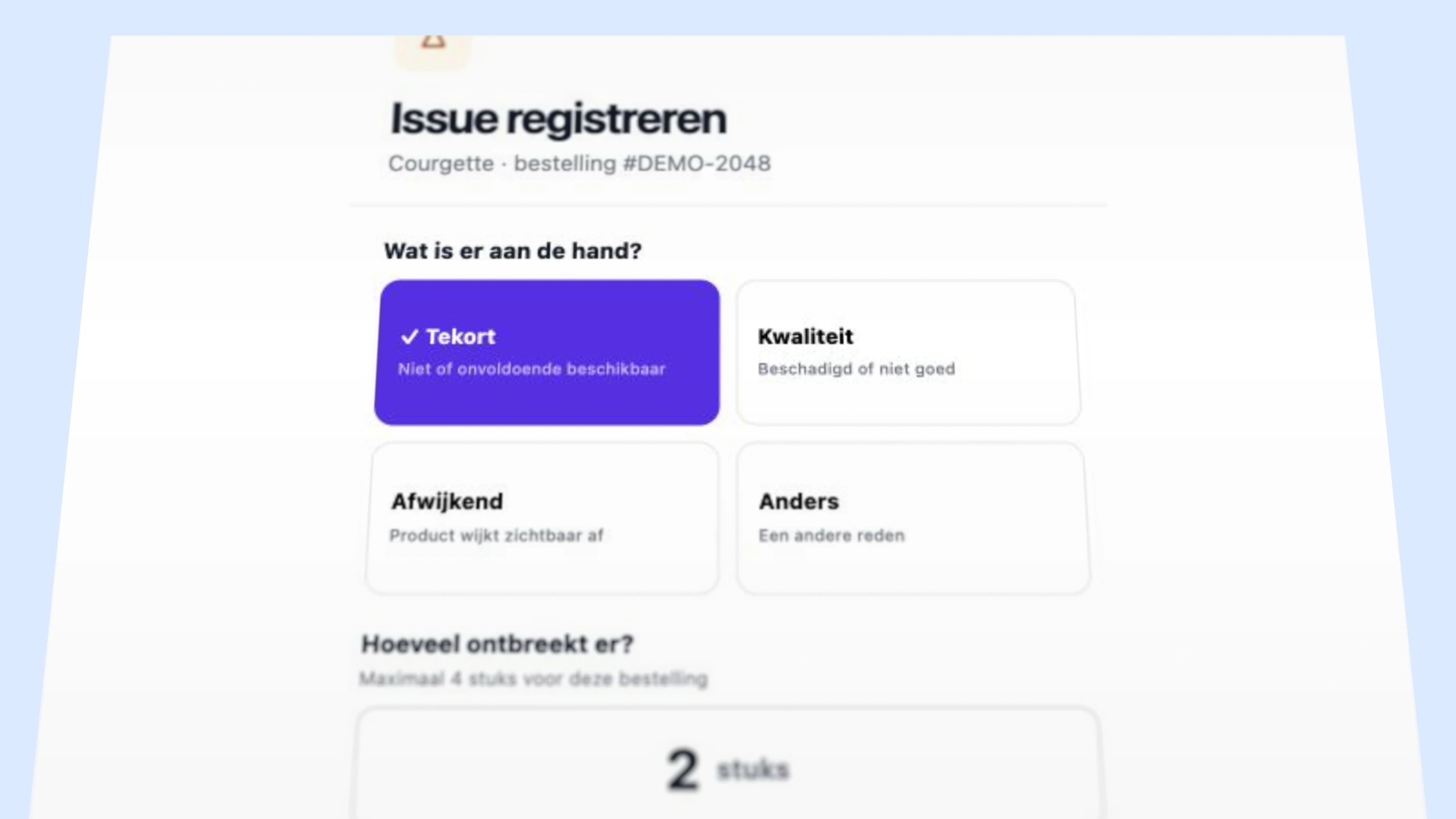 Een demoweergave van het issuescherm in de pick-app met een fictief tekort en automatische backorder.