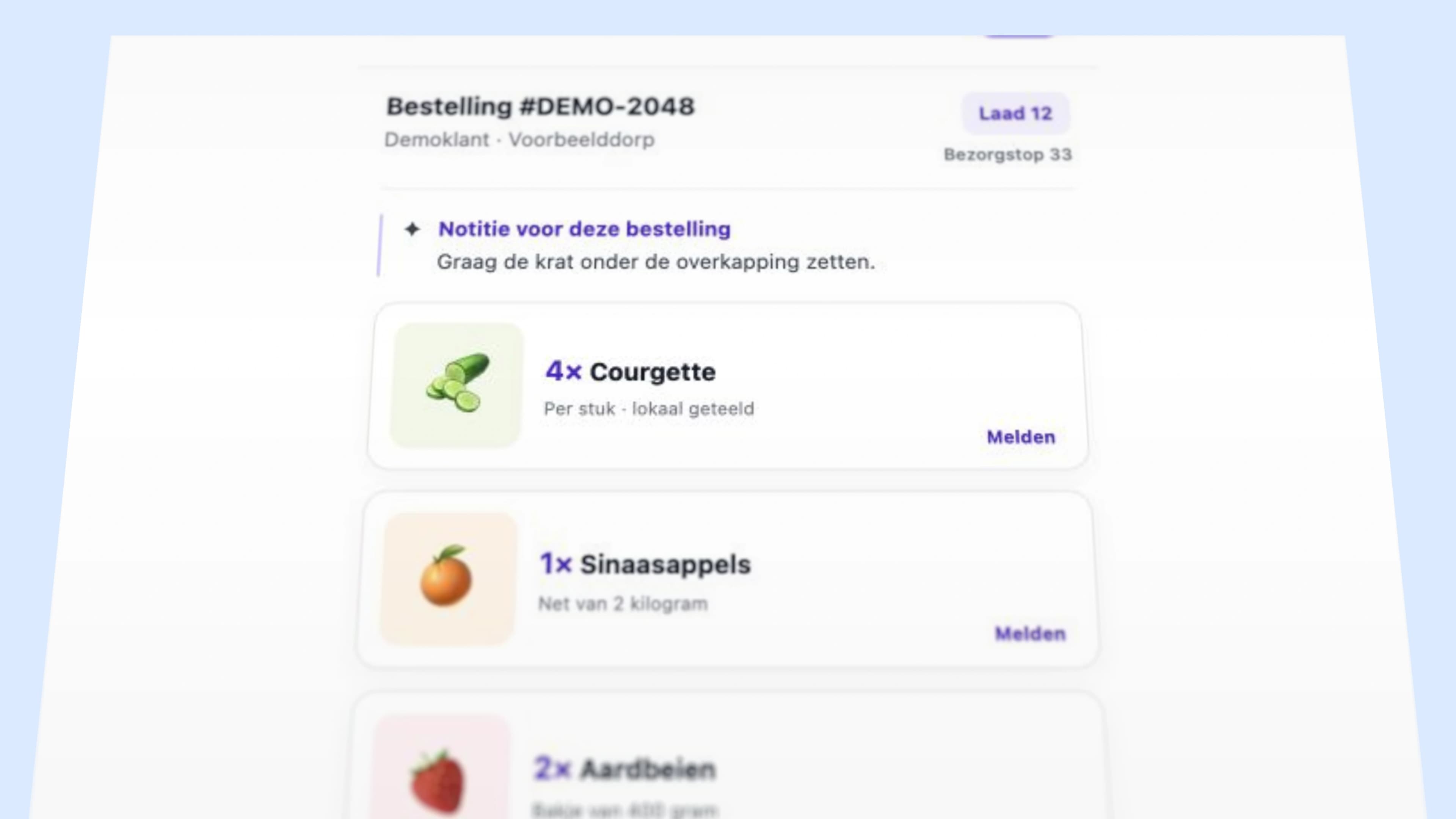 Een demoweergave van de mobiele pick-app met fictieve bestelling, producten, laadpositie en bezorgstop.