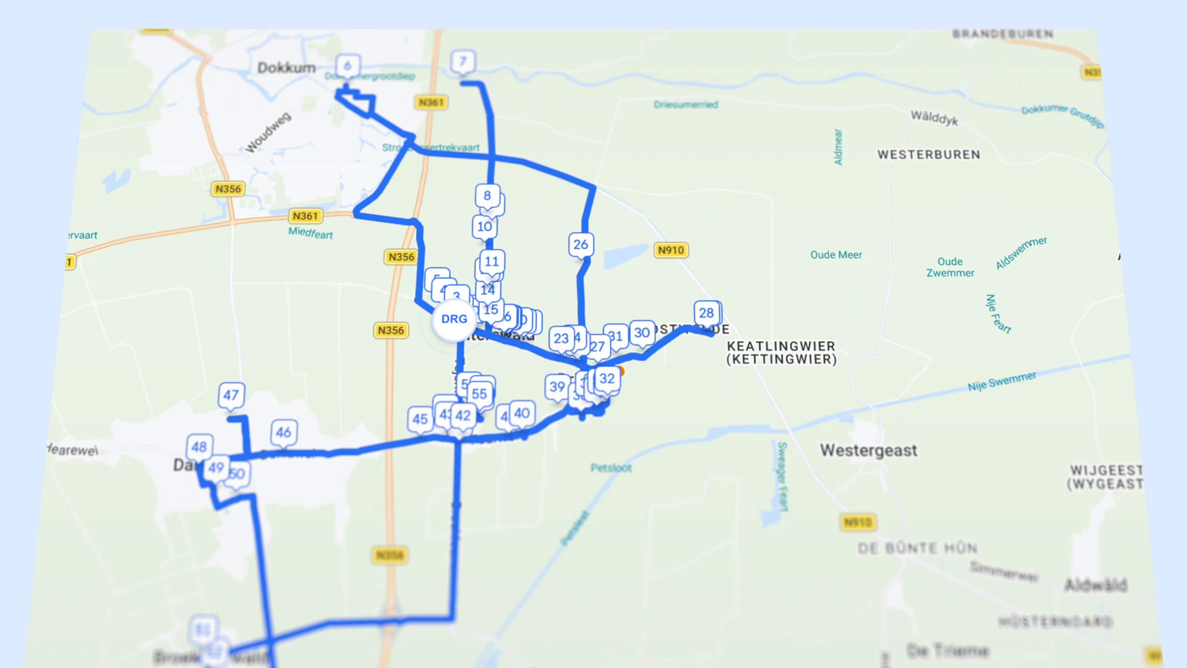 Een ingezoomde kaart van de door Spoke berekende route met genummerde bezorgstops.